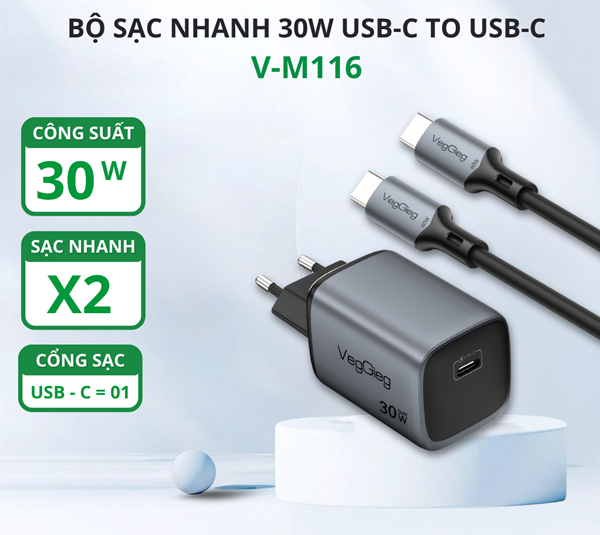 Bộ Sạc Nhanh 30W USB-C to USB-C V-M116 | Sạc PD nhanh cho iPhone, Samsung, iPad